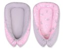 Kokon niemowlęcy dwustronny kojec otulacz Premium BOBONO- króliczki różowe/szary