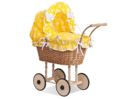 Wiklinowy wózek dla lalek wysoki z żółtą pościelką i wyściółką- naturalny
