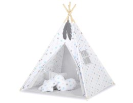 Namiot TIPI dla dzieci + mata + poduszki + zawieszki pióra - Gwiazdy niebiesko-szare/szary