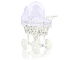 Wiklinowy wózek dla lalek wysoki z białą haftowaną pościelką i wyściółką- biały