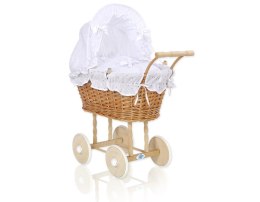 Wiklinowy wózek dla lalek wysoki z białą pościelką haftowaną i wyściółką- naturalny