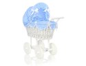 Wiklinowy wózek dla lalek wysoki z błękitną pościelką i wyściółką- biały