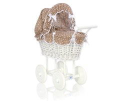 Wiklinowy wózek dla lalek wysoki z brązową pościelką i wyściółką- biały