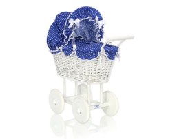 Wiklinowy wózek dla lalek wysoki z granatową pościelką i wyściółką- biały