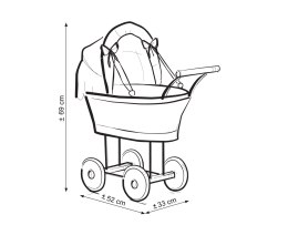 Wiklinowy wózek dla lalek wysoki z granatową pościelką i wyściółką- biały