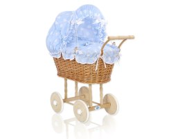 Wiklinowy wózek dla lalek wysoki z błękitną pościelką i wyściółką- naturalny