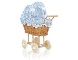 Wiklinowy wózek dla lalek wysoki z niebieską pościelką i wyściółką- naturalny