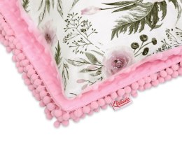 Komplet: Dwustronny kocyk + poduszka (minky)- peonie różowe