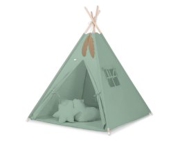 Namiot TIPI dla dzieci + mata + poduszki + zawieszki pióra - szałwia