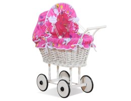Wiklinowy wózek dla lalek wysoki z różową pościelką i wyściółką- biały