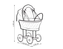 Wiklinowy wózek dla lalek wysoki z różową pościelką i wyściółką- naturalny