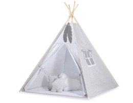 Namiot TIPI dla dzieci + mata + poduszki + zawieszki pióra - Białe grochy na szarym