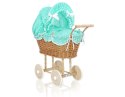 Wiklinowy wózek dla lalek wysoki z miętową pościelką i wyściółką- naturalny